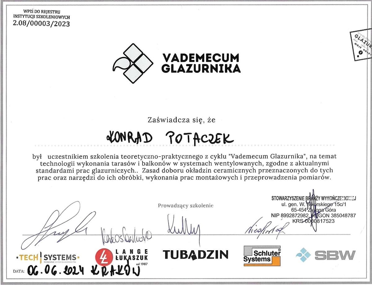 Certyfikat szkolenia Vademecum Glazurnika z wykonywania tarasów i balkonów
