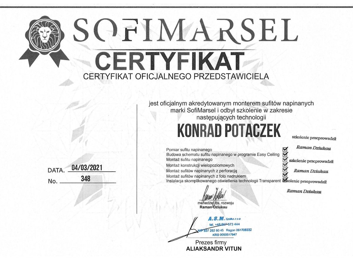 Certyfikat autoryzowanego montażysty sufitów napinanych SofiMarsel