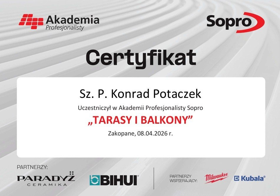 Certyfikat Akademii Profesjonalisty Sopro dotyczący tarasów i balkonów