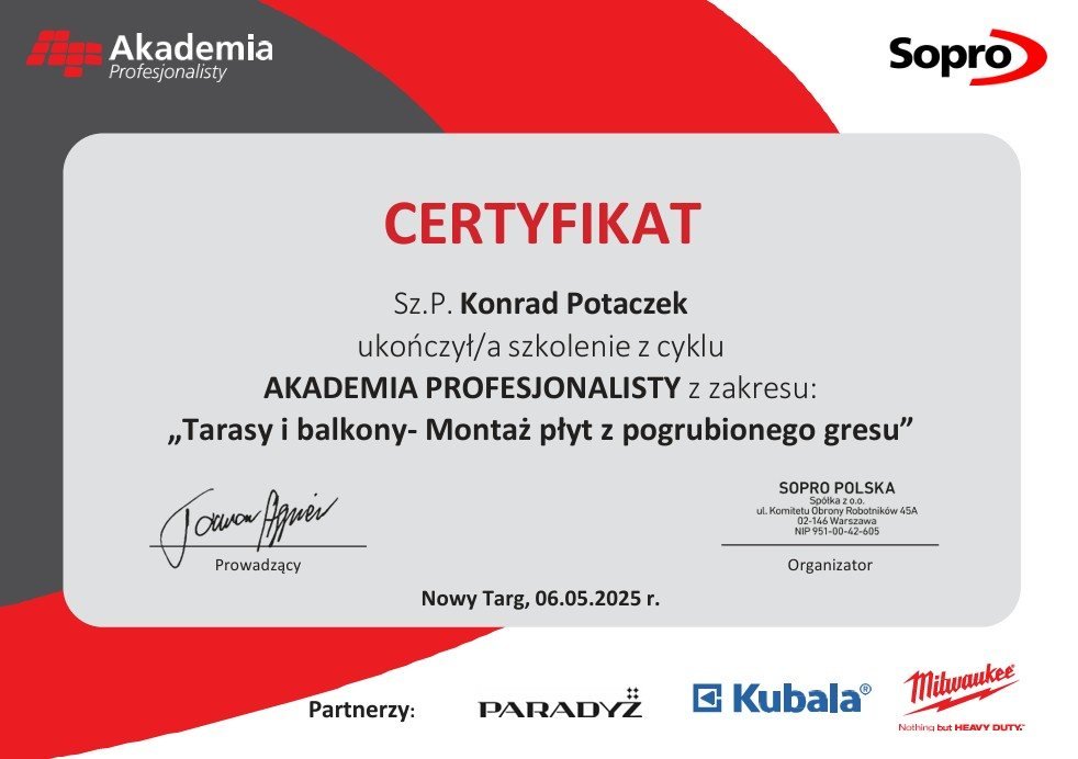 Certyfikat Akademii Profesjonalisty Sopro z montażu płyt z pogrubionego gresu