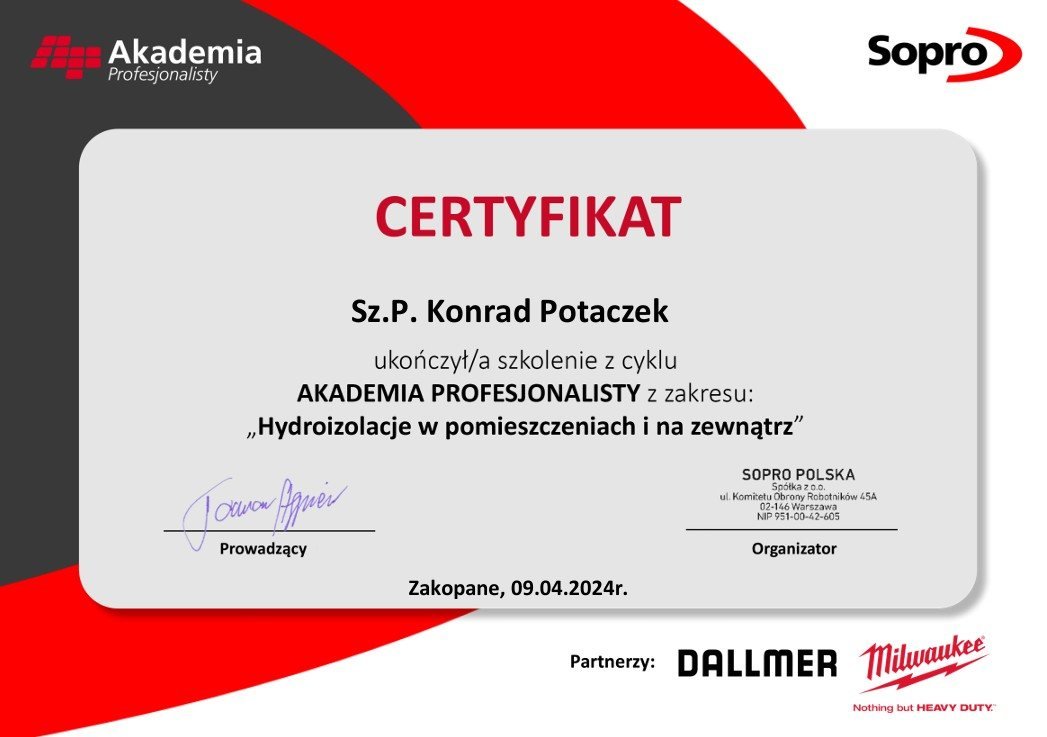 Certyfikat Akademii Profesjonalisty Sopro z hydroizolacji wewnętrznych i zewnętrznych
